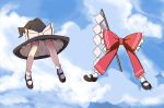 2girls black_footwear black_headwear bow clouds comedy day frilled_bow frilled_hat frills gohei hakurei_reimu hat hat_bow highres kirisame_marisa legs mary_janes multiple_girls red_bow shoes sky symbol_commentary teeramet touhou what white_bow white_legwear witch_hat