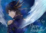  1boy bangs black_hair blue_eyes blue_jacket closed_mouth collarbone facial_mark from_behind fudou_yuusei grey_background hair_between_eyes happy_birthday highlights highres jacket light_smile long_hair looking_at_viewer looking_back male_focus multicolored_hair smile solo spiky_hair star_(sky) tounori_(nrmc_7) upper_body wings yu-gi-oh! yu-gi-oh!_5d&#039;s 