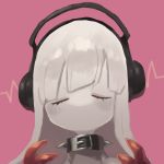  1girl blush closed_eyes collar eye_(okame_nin) facing_viewer fewer_digits headphones heartbeat highres listening_to_music long_hair no_mouth okame_nin original pink_background solo spiked_collar spikes white_hair white_skin 