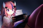  1girl commission english_commentary hair_ornament handheld_game_console heart heart_hair_ornament holding holding_handheld_game_console horns indie_virtual_youtuber ironmouse looking_down lying nintendo_switch on_back on_bed pink_hair playing_games pokey pout solo two_side_up violet_eyes virtual_youtuber watermark 