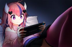  1girl commission english_commentary hair_ornament handheld_game_console heart heart_hair_ornament holding holding_handheld_game_console horns indie_virtual_youtuber ironmouse looking_down lying nintendo_switch on_back on_bed pink_hair playing_games pokey pout solo two_side_up violet_eyes virtual_youtuber watermark 