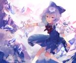  1girl blue_bow blue_hair blurry bow cirno depth_of_field hair_bow highres ice ice_wings mountain open_mouth puffy_short_sleeves puffy_sleeves rainbow red_neckwear red_ribbon ribbon short_sleeves smile solo sunakumo touhou violet_eyes wavy_hair wings 
