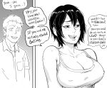  1boy 1girl age_difference aunt_and_nephew bb_(baalbuddy) black_hair blush breasts covered_nipples english_commentary english_text flirting highres huge_breasts mole mole_under_eye original short_hair simple_background smile sweatdrop white_background 