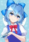  1girl absurdres ahoge blue_background blue_bow blue_dress blue_eyes blue_hair bow bowtie breasts cirno closed_mouth collared_shirt commentary_request doyagao dress eyebrows_visible_through_hair hair_bow head_tilt highres holding huge_filesize ice_crystal looking_at_viewer puffy_short_sleeves puffy_sleeves red_bow red_neckwear shirt short_hair short_sleeves small_breasts smile smug snowflake_background solo touhou upper_body v-shaped_eyebrows white_shirt yanagi_(soke_yanagi) 