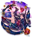  1girl absurdres aircraft bangs black_hair blue_jacket blue_skirt breasts clouds earrings essual_(layer_world) fate/grand_order fate_(series) high_heels highres hoop_earrings hot_air_balloon ishtar_(fate)_(all) ishtar_(fate/grand_order) jacket jewelry long_hair long_sleeves looking_at_viewer medium_breasts necklace open_mouth pencil_skirt red_eyes red_footwear red_shirt shirt skirt sky solo tiara two_side_up 
