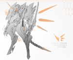  absurdres chyan commentary detached_horns highres holding holding_sword holding_weapon honeycomb_(pattern) horns mecha monochrome no_humans orange_theme original reverse_grip robot single_horn sword symbol_commentary weapon 