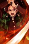  1boy arms_up belt black_hair black_jacket choker gradient_hair haori highres holding holding_sword holding_weapon jacket japanese_clothes kamado_tanjirou kimetsu_no_yaiba long_sleeves looking_at_viewer male_focus multicolored_hair open_mouth red_eyes redhead scar short_hair solo standing sword touya_ren v-shaped_eyebrows weapon white_belt 