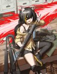  1girl among_us animal_ears assault_rifle bangs bare_shoulders black_eyepatch black_hair black_legwear cat_ears cat_girl cat_tail cheogtanbyeong commentary_request cosplay eyepatch fang girls_frontline gloves green_eyes gun highres holding holding_gun holding_weapon indoors karyl_(princess_connect!) long_hair looking_at_viewer m16 m16a1 m16a1_(girls_frontline) m16a1_(girls_frontline)_(cosplay) multicolored_hair off_shoulder open_mouth princess_connect! rifle shorts sitting solo streaked_hair submachine_gun sweatdrop tail very_long_hair weapon white_hair 