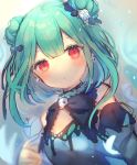  1girl aqua_hair bare_shoulders black_bow blue_dress blurry blurry_background blush bow breasts chikuwa_(tikuwaumai_) closed_mouth commentary_request detached_sleeves double_bun dress dutch_angle earrings expressionless eyebrows_visible_through_hair frills hair_bow hair_ornament highres hololive jewelry looking_at_viewer red_eyes shirt short_hair skull_hair_ornament sleeveless sleeveless_shirt small_breasts solo symbol_commentary upper_body uruha_rushia virtual_youtuber 