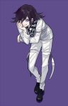  1boy bangs bent_over black_footwear black_hair commentary_request dangan_ronpa full_body grin hair_between_eyes highres jacket long_sleeves looking_at_viewer male_focus new_dangan_ronpa_v3 ouma_kokichi pants purple_background shoes simple_background smile solo standing straitjacket unagi_(515816703) violet_eyes white_jacket white_pants 