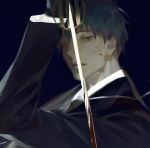  1boy black_gloves blood blood_on_face bloody_hair bloody_weapon blue_eyes blue_hair cropped formal gloves heterochromia holding holding_sword holding_weapon male_focus original parted_lips red_eyes rei_(sanbonzakura) solo suit sword teeth upper_teeth weapon 