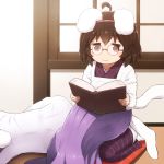  2girls :3 ahoge alternate_costume animal_ears bespectacled blush_stickers book bra_through_clothes brown_eyes brown_hair bunny_tail commentary_request cushion facing_away fusuma glasses hairband holding holding_book inaba_tewi indoors japanese_clothes kappougi kimono lap_pillow long_hair lying lying_on_person multiple_girls on_side open_book purple_hair purple_kimono rabbit_ears reading reisen_udongein_inaba round_eyewear seiza shirosato shirt short_hair sitting sliding_doors tail touhou untucked_shirt very_long_hair white_shirt zabuton 
