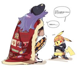  1boy baseball_cap black_hoodie cape cosplay crossed_arms fang fur-trimmed_cape fur_trim gen_1_pokemon hat highres leggings leon_(pokemon) long_hair open_mouth orange_headwear pikachu pokefan_cheng pokemon pokemon_(game) pokemon_swsh purple_hair raihan_(pokemon) raihan_(pokemon)_(cosplay) red_cape shiny shiny_hair shirt shoes short_sleeves speech_bubble squatting standing thought_bubble tongue translation_request white_background 