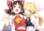  2girls :o ;q animal_ears apron ascot black_vest blonde_hair blush bow braid breasts brown_eyes brown_hair cat_ears closed_mouth detached_sleeves eyebrows_visible_through_hair fangs flat_chest frilled_shirt_collar frills hair_bow hakurei_reimu hand_on_another&#039;s_hip head_tilt highres jill_07km kemonomimi_mode kirisame_marisa long_hair looking_at_viewer medium_hair midriff_peek multiple_girls navel no_hat no_headwear one_eye_closed open_mouth paw_background paw_pose puffy_short_sleeves puffy_sleeves red_bow shirt short_sleeves simple_background single_braid small_breasts tongue tongue_out touhou upper_body vest white_background white_shirt wide_sleeves yellow_neckwear 