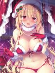  1girl absurdres bikini blonde_hair breasts christmas earrings gloves hair_ornament hat heart heart_pillow highres jewelry large_breasts long_hair looking_at_viewer navel necklace original pillow red_eyes santa_bikini santa_gloves santa_hat smile solo star_(symbol) star_hair_ornament suzushiro_atsushi swimsuit very_long_hair 