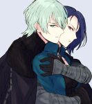  1boy 1girl akasata aqua_eyes armor asymmetrical_hair black_armor black_gloves blue_hair byleth_(fire_emblem) byleth_eisner_(male) byleth_eisner_(male) choker collarbone fire_emblem fire_emblem:_three_houses fire_emblem:_three_houses fire_emblem_16 from_side gloves greaves green_hair green_jacket grey_background hug intelligent_systems jacket looking_at_viewer male_my_unit_(fire_emblem:_three_houses) my_unit_(fire_emblem:_three_houses) nintendo shamir_nevrand short_hair simple_background smile upper_body violet_eyes 