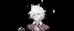  1boy bangs black_background brown_jacket brown_suit collared_shirt commentary_request dangan_ronpa dangan_ronpa_3 floating_hair grey_eyes highres jacket komaeda_nagito looking_up male_focus necktie portrait red_neckwear shirt short_hair simple_background solo unagi_(515816703) vest white_hair white_shirt 