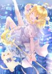  1girl absurdres azarashi6 blonde_hair blue_eyes blush breasts city cityscape dress fang floating hair_ornament highres looking_at_viewer looking_back magical_girl medium_breasts one_eye_closed open_mouth original pinafore_dress solo thigh-highs white_legwear 