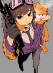  1boy 1girl animal_ears bangs brown_hair cat cat_ears cat_tail character_request chatarou_(chataro_1214) cigarette collared_shirt commentary_request copyright_request eyebrows_visible_through_hair eyes_visible_through_hair fangs from_above garfield garfield_(character) gloves goggles goggles_on_headwear grey_background grey_neckwear grey_pants gun hat highres holding holding_gun holding_weapon jacket long_hair long_sleeves looking_at_viewer mouth_hold necktie open_mouth orange_fur pants partially_unzipped purple_headwear purple_jacket raised_eyebrows shirt simple_background smoking swept_bangs tail trigger_discipline weapon white_shirt 