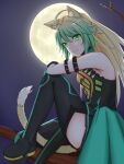 1girl ahoge animal_ear_fluff animal_ears atalanta_(fate) bare_shoulders black_gloves blonde_hair boots braid cat_ears cat_tail crown_braid fate/grand_order fate_(series) from_side full_body gloves green_eyes green_hair hair_between_eyes highres in_tree knee_to_chest long_hair looking_at_viewer multicolored_hair naliliko sitting sitting_in_tree smile solo tail thigh-highs thigh_boots thighs tree 