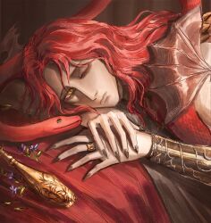  1boy black_nails bottle commentary elden_ring elden_ring:_shadow_of_the_erdtree english_commentary flower head_on_hand head_rest highres jewelry male_focus messmer_the_impaler nail_polish one_eye_closed purple_flower rashuu red_hair red_snake ring slit_pupils snake solo wavy_hair yellow_eyes 