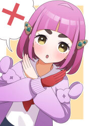  1girl absurdres blunt_bangs blush border collared_jacket commentary_request dutch_angle gloves highres it's_just_not_right! jacket lacey_(pokemon) long_sleeves looking_at_viewer medium_hair neckerchief open_mouth orange_background outline outside_border petako_(ptpt_k) pink_hair pokemon pokemon_scarlet_and_violet purple_jacket red_gloves red_neckerchief shirt sidelocks simple_background single_glove solo speech_bubble spoken_x teeth thick_eyebrows upper_body upper_teeth_only white_border white_outline white_shirt x_arms yellow_eyes 