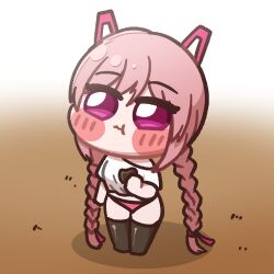  1girl :3 black_thighhighs blush_stickers braid braided_twintails breasts chibi chibi_only clooliss commentary_request eating hair_ornament highres korean_commentary last_origin long_hair low_twintails miho_(last_origin) official_alternate_costume panties pink_eyes pink_hair shirt small_breasts solo thigh-highs twintails underwear very_long_hair 