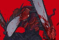  1boy blood blood_on_weapon chainsaw chainsaw_man commentary_request demon denji_(chainsaw_man) denji_man_(chainsaw_man) gigan_(gigan1024896) highres long_tongue male_focus monster_boy open_mouth pochita_(chainsaw_man) red_background sharp_teeth simple_background solo teeth tongue tongue_out weapon 