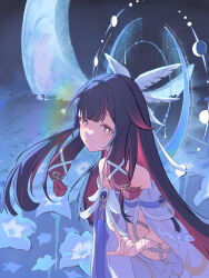  1girl absurdres bare_shoulders black_hair blue_halo bright_pupils colored_inner_hair columbina_(genshin_impact) commentary_request dress field flower flower_field genshin_impact hair_ornament halo halo_behind_head highres index_finger_raised long_hair looking_at_viewer moon_phases multicolored_hair parted_lips pink_hair sh1r4tama solo unusually_open_eyes upper_body very_long_hair violet_eyes white_dress wing_hair_ornament 