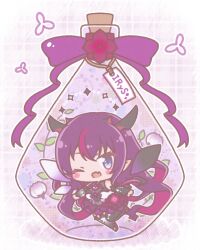  1girl ;d black_boots blue_eyes blush_stickers boots bottle bow character_name chibi commentary_request cork dress fang flower gradient_boots highres hololive hololive_english horns in_bottle in_container irys_(hololive) long_hair mitarashi_neko multicolored_hair one_eye_closed purple_bow purple_flower purple_hair smile solo streaked_hair thigh_boots very_long_hair virtual_youtuber white_boots white_dress 