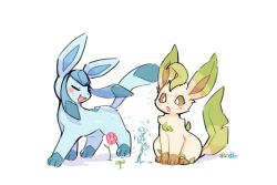  blue_fur blush bright_pupils brown_eyes brown_fur closed_eyes flower glaceon highres leafeon lovewolf5122 open_mouth pink_flower pokemon pokemon_(creature) signature simple_background white_background white_pupils 