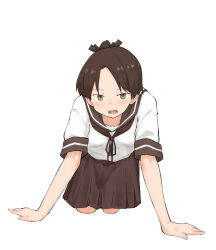  1girl absurdres all_fours black_bow blush bow brown_hair brown_neckerchief brown_sailor_collar brown_skirt chagamaka collarbone full_body hair_bow highres kantai_collection looking_at_viewer lower_teeth_only neckerchief open_mouth parted_bangs pleated_skirt ponytail sailor_collar shikinami_(kancolle) shirt short_sleeves sidelocks simple_background skirt solo teeth white_background white_shirt yellow_eyes 