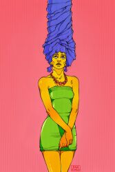  1girl artist_name bare_shoulders beehive_hairdo big_hair breasts colored_skin crossed_arms dress ena_bianca english_commentary gradient_background green_dress jewelry long_hair looking_up marge_simpson necklace pearl_necklace pink_background signature sketch skin_tight skirt sleeveless sleeveless_dress solo standing the_simpsons tight_clothes upper_body yellow_skin 