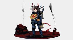  1girl absurdres alternate_costume animal_ears blue_jumpsuit brown_hair closed_mouth commentary_request cosplay cow_ears cow_girl cow_horns cow_tail death_stranding full_body grey_hair haruaki_(onkai_planaria) highres holding horns jumpsuit looking_at_viewer multicolored_hair red_eyes red_horns red_tail sam_porter_bridges sam_porter_bridges_(cosplay) solo split-color_hair statue tail touhou ushizaki_urumi 