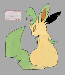  animal_focus brown_eyes full_body green_fur grey_background leaf leafeon looking_at_viewer looking_back no_humans pokemon pokemon_(creature) pokemon_focus simple_background sitting solo sunnydr0pdraws yellow_fur 