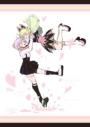  2girls black_skirt black_socks blush boots capelet closed_eyes commentary_request dress dual_persona elbow_gloves eyelashes full_body gloves green_hair grin heart highres hug kneehighs lara_tchaikoskaya long_sleeves multiple_girls natsuna_(ja727) open_mouth pink_dress pink_gloves purple_hair shirt shoes short_hair skirt smile socks suspenders teeth tiger_&amp;_bunny upper_teeth_only white_boots white_capelet white_shirt white_shoes 