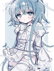 1girl absurdres blue_eyes blue_hair blue_ribbon blush_stickers border bow bowtie brooch commentary commission cowboy_shot crossed_bangs dress grey_background hair_between_eyes hair_ribbon highres jewelry juliet_sleeves long_hair long_sleeves looking_at_viewer original outside_border parted_lips puffy_sleeves ribbon satou_uyu short_dress simple_background skeb_commission solo sparkle thigh-highs white_border white_bow white_bowtie white_dress white_thighhighs zettai_ryouiki 