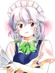  bow bowtie braid bust cubetype hair_bow hands izayoi_sakuya knife oota_jun'ya_(style) parody red_eyes silver_hair solo style_parody touhou twin_braids yuuki_keisuke 