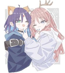  2girls ahoge animal_ears antlers ayatsumugi_roka blue_eyes blue_hair blue_nails brown_hair cho_kaguya-hime! closed_mouth colored_inner_hair fox_ears fox_girl grey_eyes hood hoodie horns kai3700 long_hair male_focus multicolored_hair multiple_girls nail_polish one_eye_closed open_mouth sakayori_iroha upper_body v v_over_mouth white_hoodie 