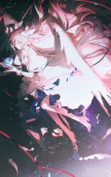  1girl ankle_wings black_background chromatic_aberration commentary_request dress earth_(planet) feathered_wings floating_hair from_side full_body giant giantess gloves goddess_madoka hair_ribbon highres kaname_madoka long_hair magical_girl mahou_shoujo_madoka_magica mahou_shoujo_madoka_magica:_hangyaku_no_monogatari o0oherb object_floating_above_hand pink_hair pink_thighhighs planet profile ribbon sky smile solo space standing star_(sky) starry_sky thigh-highs two_side_up very_long_hair white_dress white_gloves white_wings wings yellow_eyes 