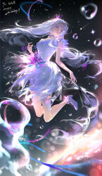  1girl absurdres black_choker breasts bubble choker commentary_request commission commissioner_name copyright_request crown dress dress_flower earth_(planet) flower full_body grey_eyes grey_hair grey_shoes hair_ornament hair_scrunchie happy_birthday highres lace-trimmed_dress lace_trim lens_flare long_hair looking_at_viewer medium_breasts mihuashi_commission mini_crown multicolored_hair off-shoulder_dress off_shoulder parted_lips pink_streaks planet purple_crown purple_dress purple_scrunchie scrunchie shoes solo space sparkle star_(sky) streaked_hair twintails very_long_hair white_dress yi_mubu 