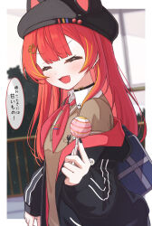  1girl absurdres animal_hat anku bag beret black_choker black_hat black_jacket black_nails blue_bag border breast_pocket brown_sweater candy cat_choker cat_hat center-flap_bangs cherry_hat_ornament choker closed_eyes commentary_request earrings facing_viewer fang food hat hat_ornament highres holding holding_candy holding_food holding_lollipop jacket jewelry lollipop long_hair long_sleeves multicolored_hair neckerchief nekota_tsuna nekota_tsuna_(4th_costume) object_in_pocket open_mouth orange_streaks outdoors paw_print_ornament pen_in_pocket pocket railing red_hair red_jacket red_neckerchief school_bag school_uniform shirt skin_fang sleeves_past_wrists smile solo streaked_hair sweater symbol_in_eye two-sided_fabric two-sided_jacket upper_body virtual_youtuber vspo! white_border white_shirt 