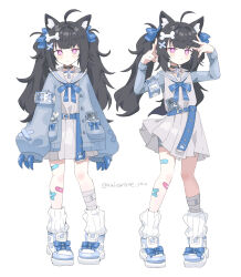  2girls ahoge animal_ear_fluff animal_ears ankle_socks arm_strap artist_name bandaged_leg bandages bandaid bandaid_on_leg bike_shorts black_choker black_hair blue_jacket blue_ribbon blue_shirt blue_shoes blue_shorts blunt_bangs blush bone_hair_ornament cat_ears cat_girl choker claw_sleeves commentary_request cross cross_choker double_v dress full_body hair_ornament hair_ribbon hands_up highres jacket long_hair long_sleeves looking_at_viewer messy_hair multicolored_shoes multiple_girls multiple_views neck_ribbon open_clothes open_jacket original pink_eyes pinstripe_socks ribbon ro/ku sailor_collar sailor_dress shirt shirt_under_dress shoes short_dress short_shorts shorts simple_background sleeves_past_fingers sleeves_past_wrists socks standing twintails twitter_username two-tone_shoes v white_background white_dress white_sailor_collar white_shoes white_socks 