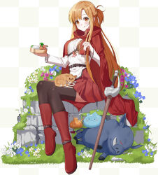  1girl :q absurdres animal_on_lap ankle_belt asuna_(sao) belt bento black_belt black_thighhighs black_trim blue_flower blush boar boots braid breasts brown_belt brown_eyes brown_hair cat cat_on_lap chopsticks cloak closed_mouth commentary_request flower food grass half_up_half_down_braid hands_up high-waist_skirt highres holding holding_chopsticks holding_food holding_with_chopsticks hood hood_down hooded_cloak knee_boots long_hair long_sleeves looking_at_viewer medium_breasts miniskirt official_alternate_costume on_lap orange_cat pleated_skirt purple_flower red_boots red_cloak red_skirt senkuma777 shirt simple_background sitting skirt sleeping slime_(creature) smile solo straight_hair sword_art_online thigh-highs tongue tongue_out white_background white_flower white_shirt wrist_belt 