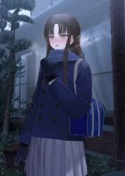  1girl absurdres bag blue_bag blue_coat blue_mittens blue_scarf breath brown_eyes brown_hair coat commentary_request fur-trimmed_mittens fur_trim geisha-geisha- grey_skirt hand_up highres long_hair long_sleeves mittens open_mouth original outdoors plant pleated_skirt potted_plant rain_chain scarf school_bag school_uniform skirt solo tree upper_body winter 