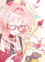  1girl adjusting_eyewear commentary_request crossed_bangs detached_collar detached_sleeves finger_on_eyewear finger_pointer genshin_impact hair_between_eyes hair_intakes head_wings heart heart-shaped_pupils highres linnea_(genshin_impact) looking_at_viewer lumi_(genshin_impact) medium_hair necktie one_eye_closed pencil pink_eyes pink_hair pointer red-framed_eyewear semi-rimless_eyewear smile sparkle symbol-shaped_pupils takonoya tongue tongue_out wings 