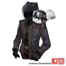  1boy :< belt black_gloves breast_pocket commentary_request gloves goggles goggles_on_headwear helmet highres long_sleeves original pocket shawn_ger_lin simple_background solo tail 