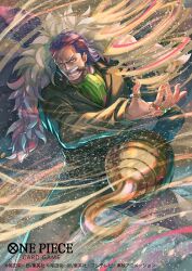  1boy ascot bisaiiiii black_hair cigar coat coat_on_shoulders commentary_request copyright_name crocodile_(one_piece) dutch_angle fur-trimmed_coat fur_trim glint green_ascot hair_slicked_back hook_hand jewelry looking_at_viewer male_focus official_art one_piece one_piece_card_game ring sand solo stitched_face stitches 