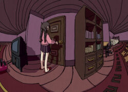  1girl ahoge bed black_hair book bookshelf braid brown_hair chair crt desk distortion door from_behind hair_ribbon long_sleeves madotsuki office_chair opening_door pantsu-ripper perspective pink_sweater pleated_skirt red_carpet red_slippers ribbon ribbon_braid skirt slippers solo sweater swivel_chair television third-party_source twin_braids video_game yume_nikki 