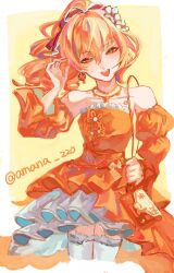  1girl amana_220 bag bare_shoulders blonde_hair border chest_tattoo commentary_request cropped_legs detached_sleeves dress drill_hair earrings flower genshin_impact hair_between_eyes hair_flower hair_ornament hair_ribbon hand_up highres holding_strap jewelry long_hair looking_at_viewer necklace official_alternate_costume open_mouth orange_bag orange_dress outside_border ribbon single_earring solo tattoo teeth thigh-highs twitter_username upper_teeth_only white_border white_thighhighs yellow_background yellow_eyes yoimiya_(genshin_impact) yoimiya_(resplendent_feast)_(genshin_impact) 
